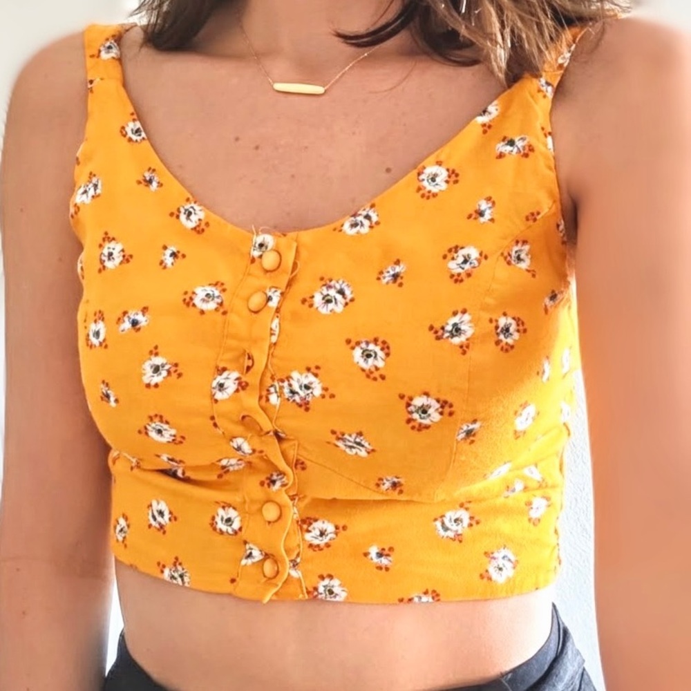 Floral Button-Front Yellow Crop Top